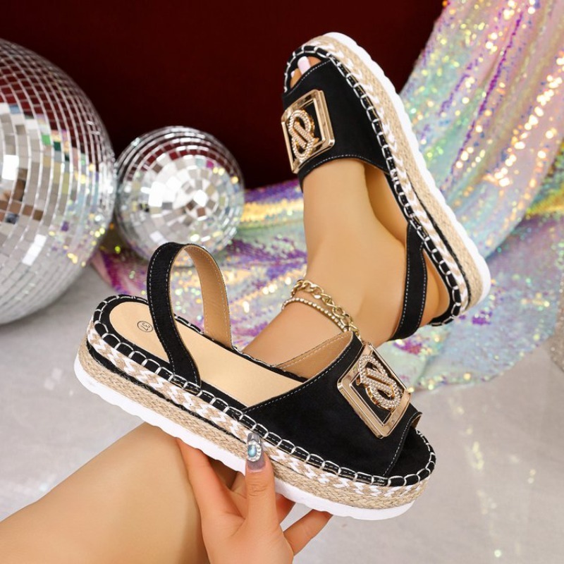 Wedge Espadrille Women - Bayan Platform Espadrille Sandaletler Rhinestone Metal